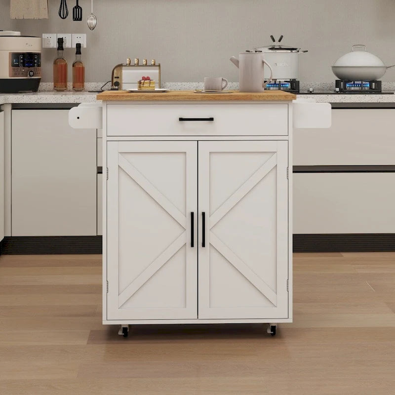 Isla de cocina rodante blanca con encimera de madera de caucho
