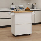 Isla de cocina rodante blanca con encimera de madera de caucho