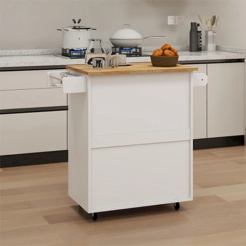 Isla de cocina rodante blanca con encimera de madera de caucho
