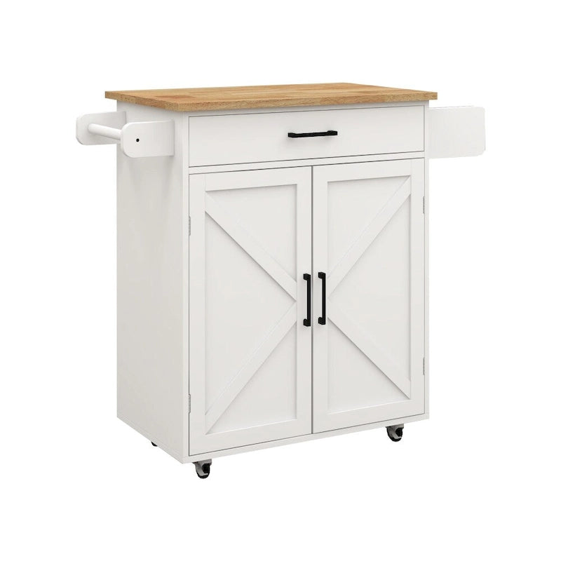 Isla de cocina rodante blanca con encimera de madera de caucho