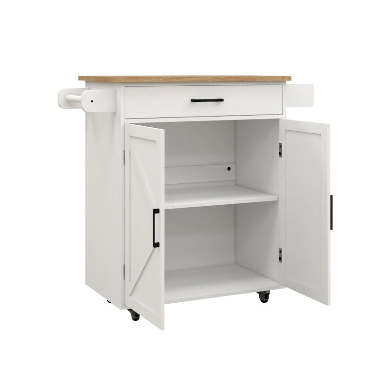 Isla de cocina rodante blanca con encimera de madera de caucho