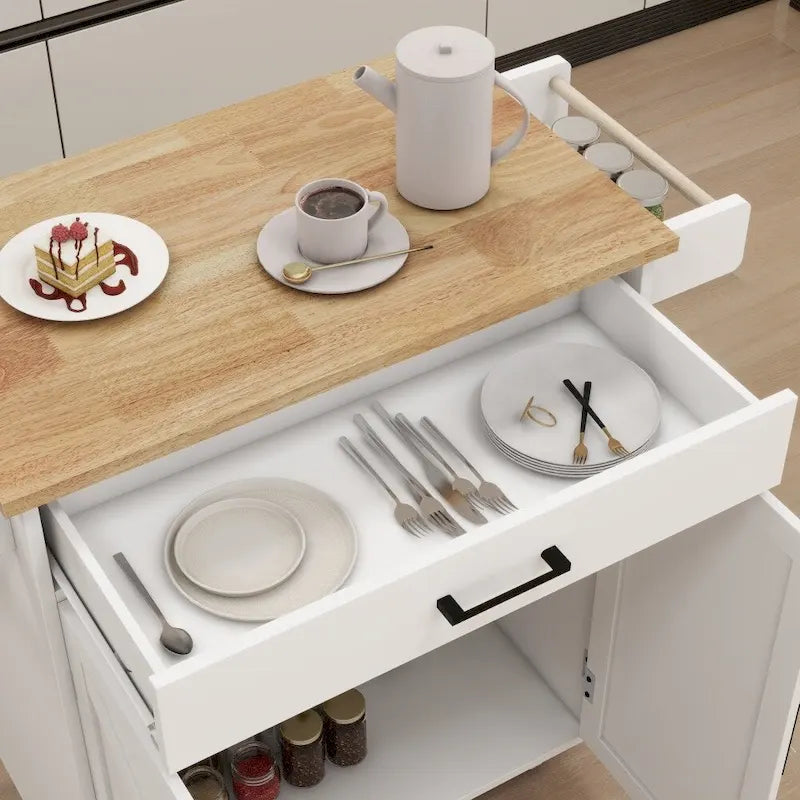 Isla de cocina rodante blanca con encimera de madera de caucho