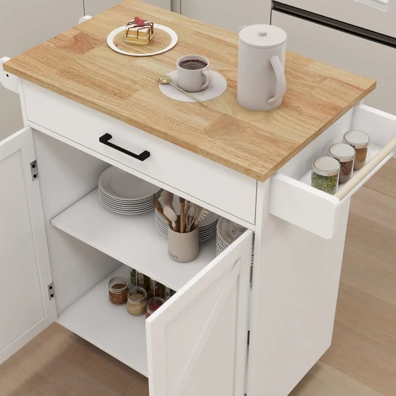 Isla de cocina rodante blanca con encimera de madera de caucho