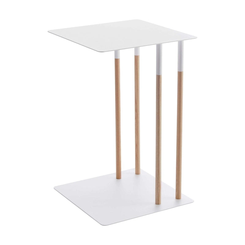 Mesa auxiliar de acero en forma de C con patas de madera, 35 x 35 x 55 cm