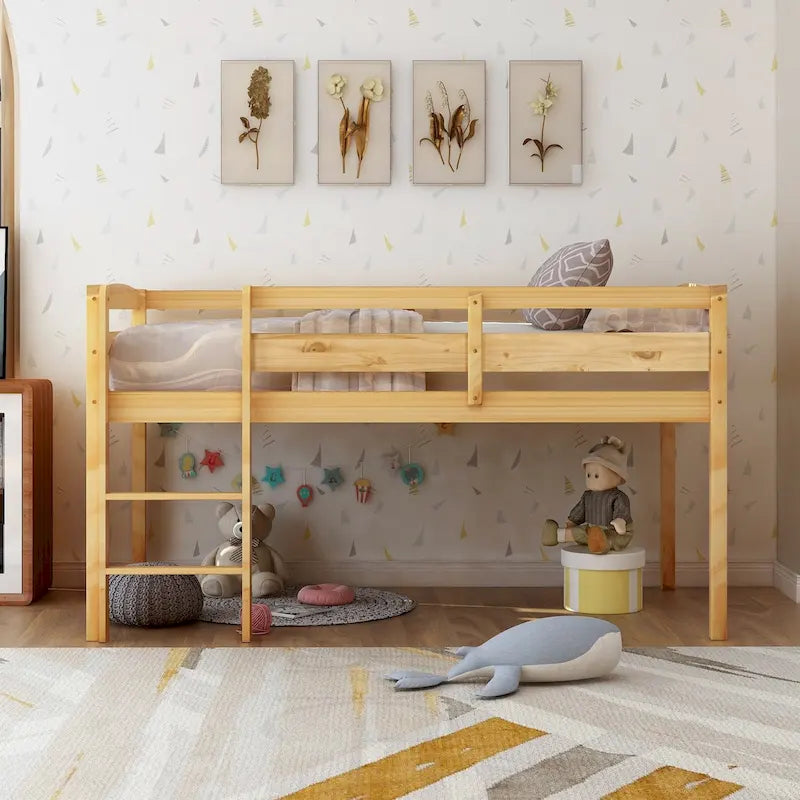 Cama alta individual con escalera y barandillas