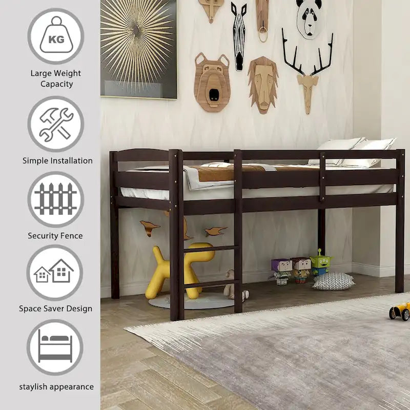Cama alta individual con escalera y barandillas
