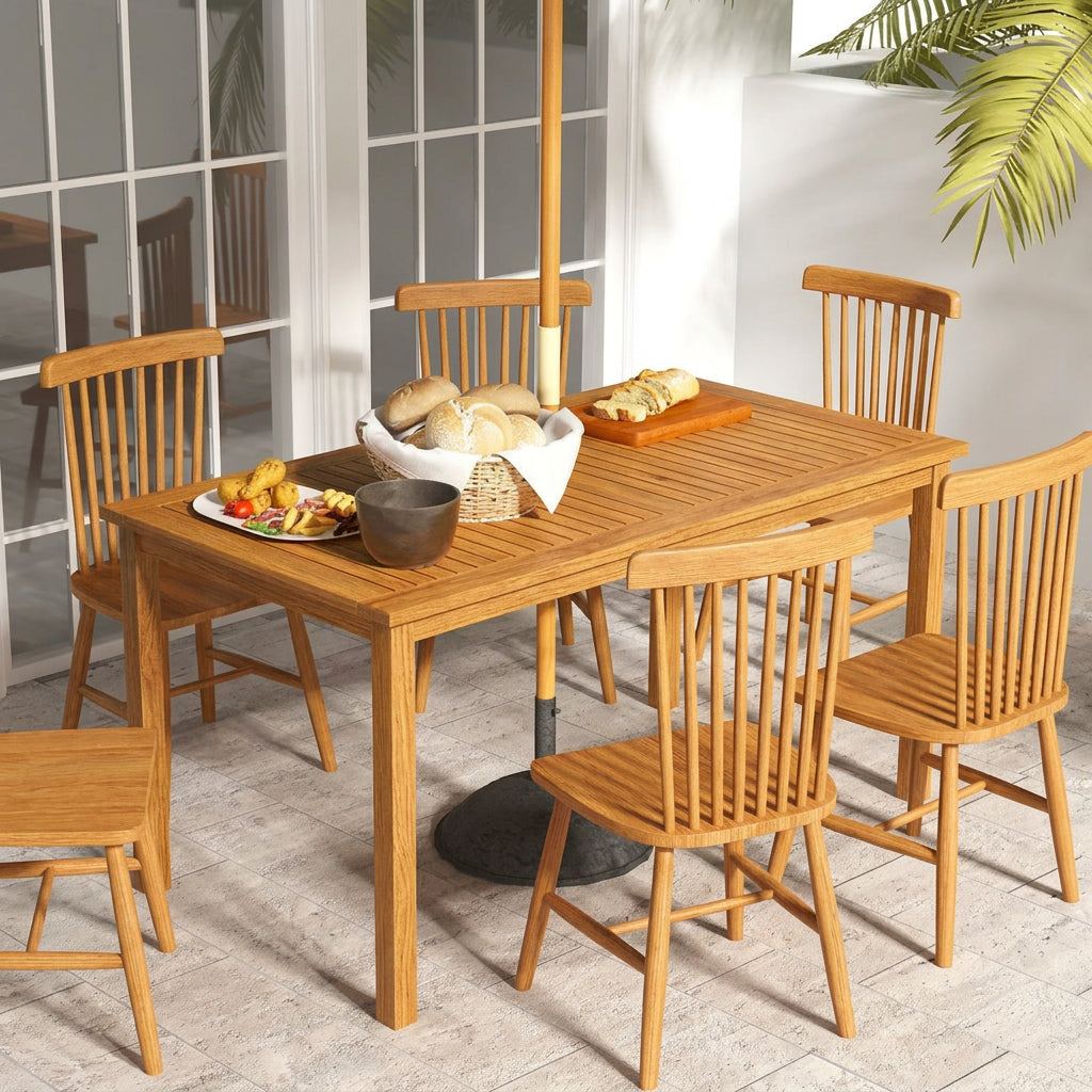 Outsunny Rectangle Patio Table for 6, Outdoor Dining Table with Umbrella Hole, Acacia Wood Table for Garden, Backyard, Deck