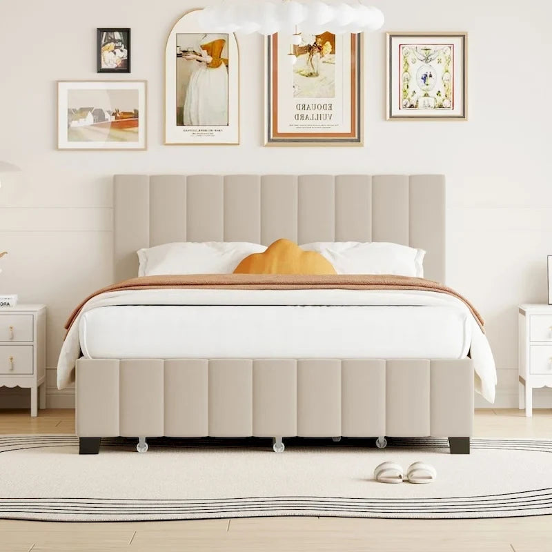 Cama plataforma tapizada tamaño queen con cajones de almacenamiento y cama nido