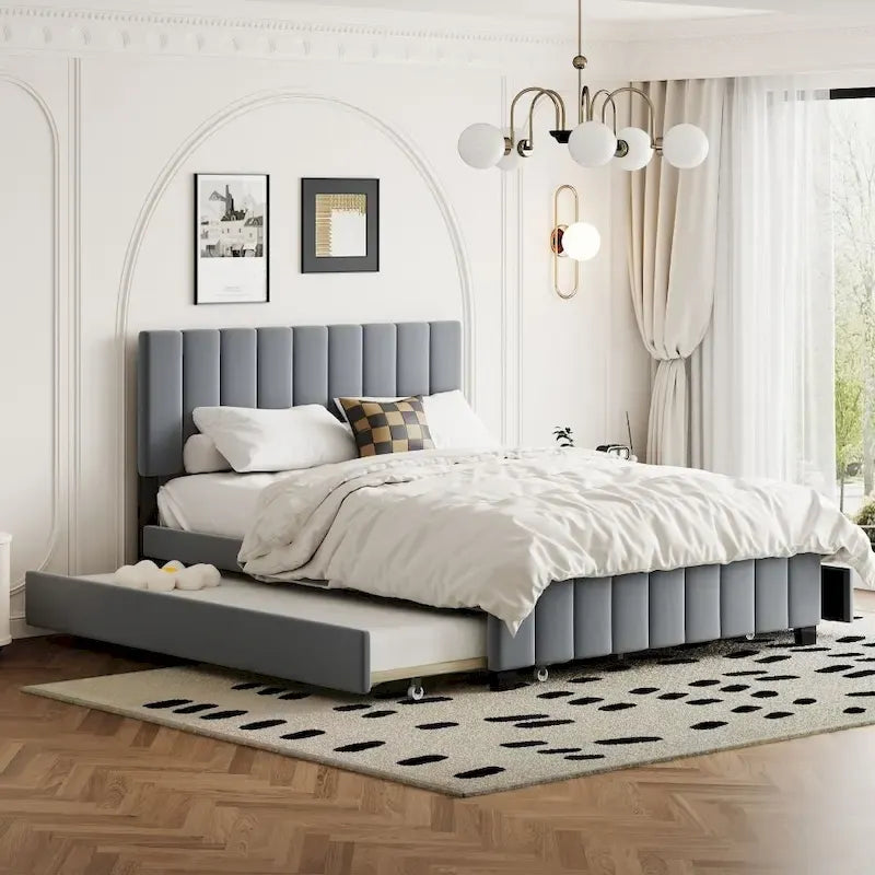 Cama plataforma tapizada tamaño queen con cajones de almacenamiento y cama nido