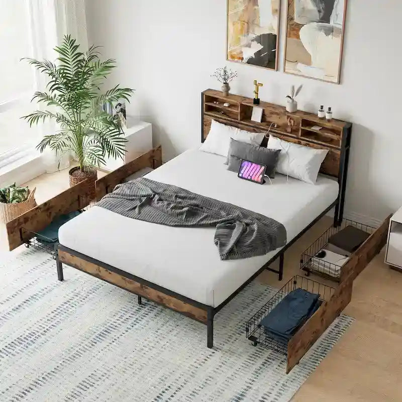 Cama de metal tamaño queen con 4 cajones y estación de carga