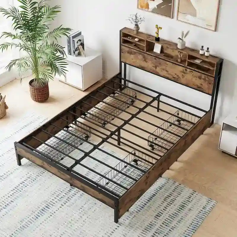 Cama de metal tamaño queen con 4 cajones y estación de carga