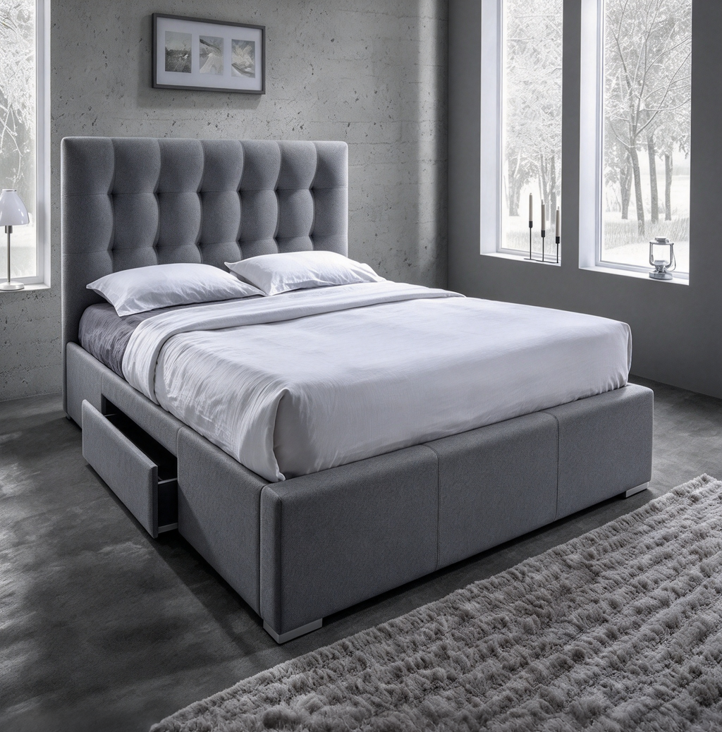 Grey Grid-Tufted Upholstered Platform Bed with 2 Storage Drawers