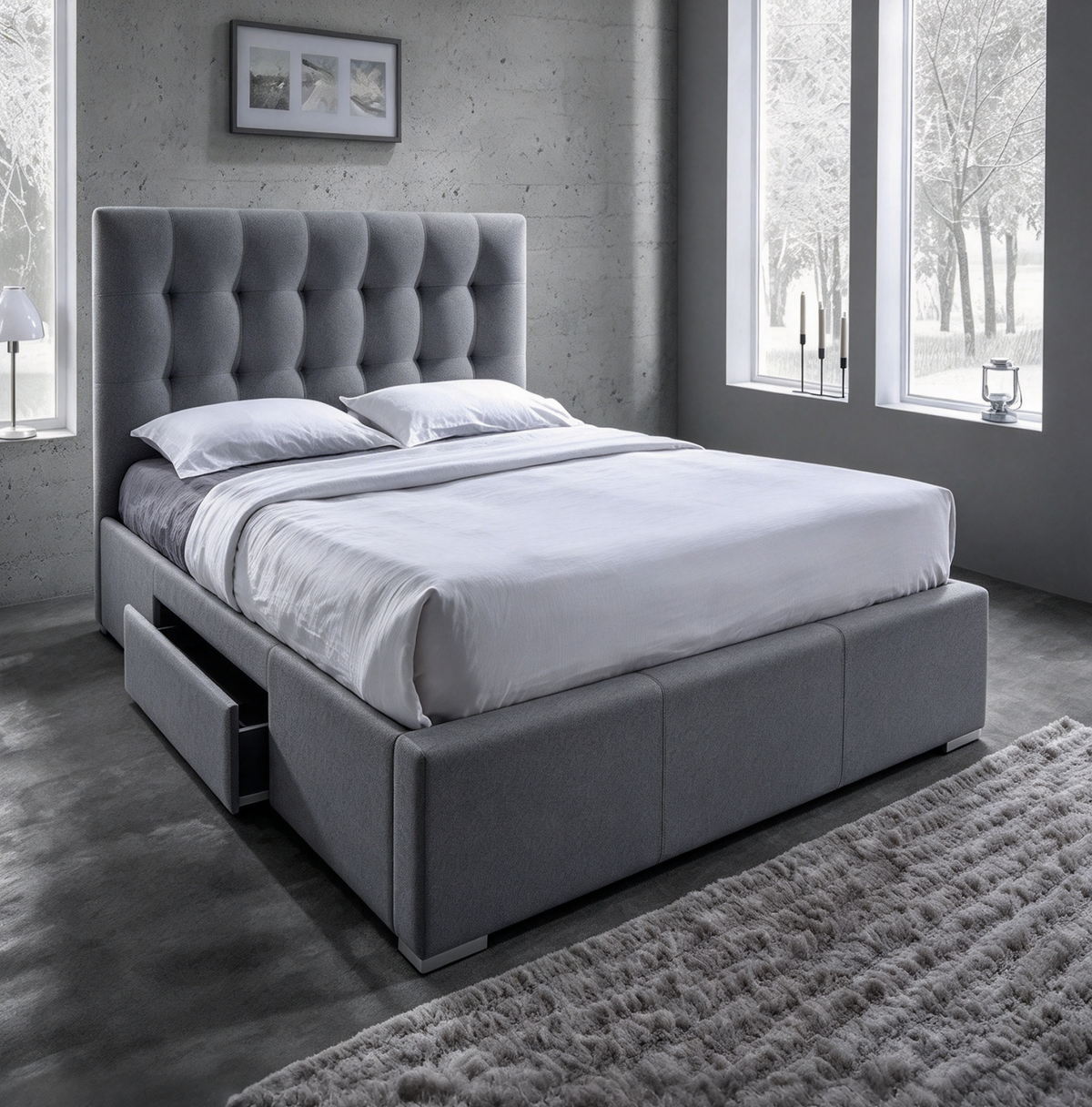 Cama de plataforma tapizada en gris con capitoné de cuadrícula y 2 cajones de almacenamiento